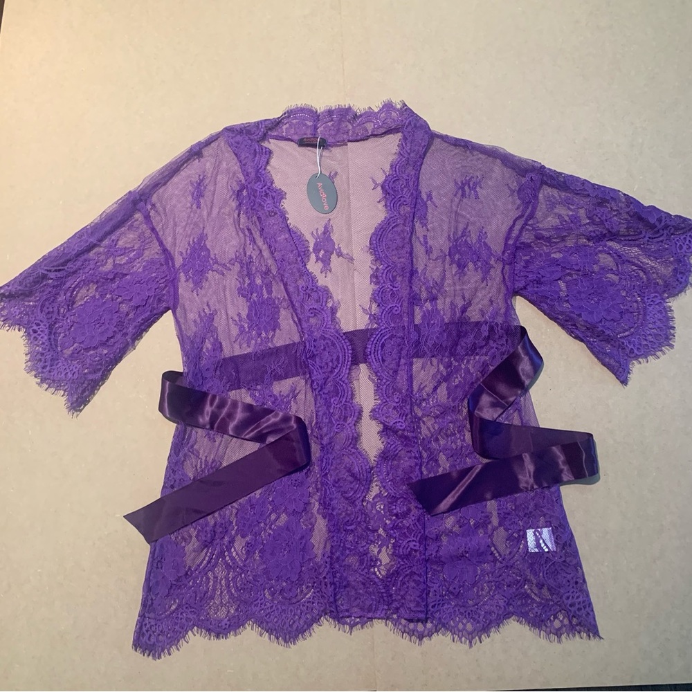Sheer Lace Kimono Robe with Satin Tie in Purple